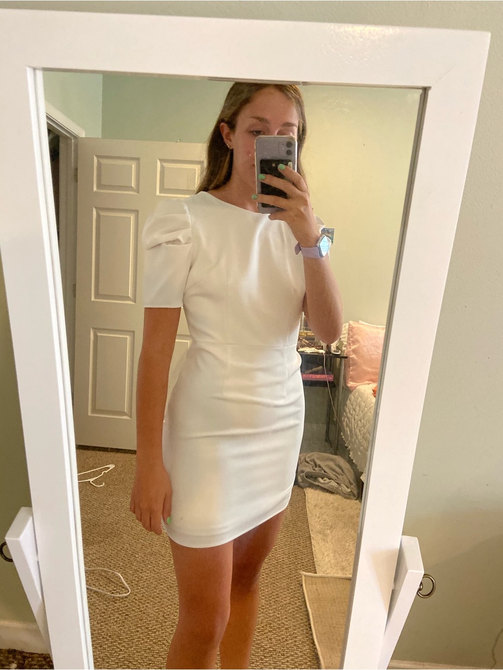 TCEC White Mini Dress with Puff Shoulders